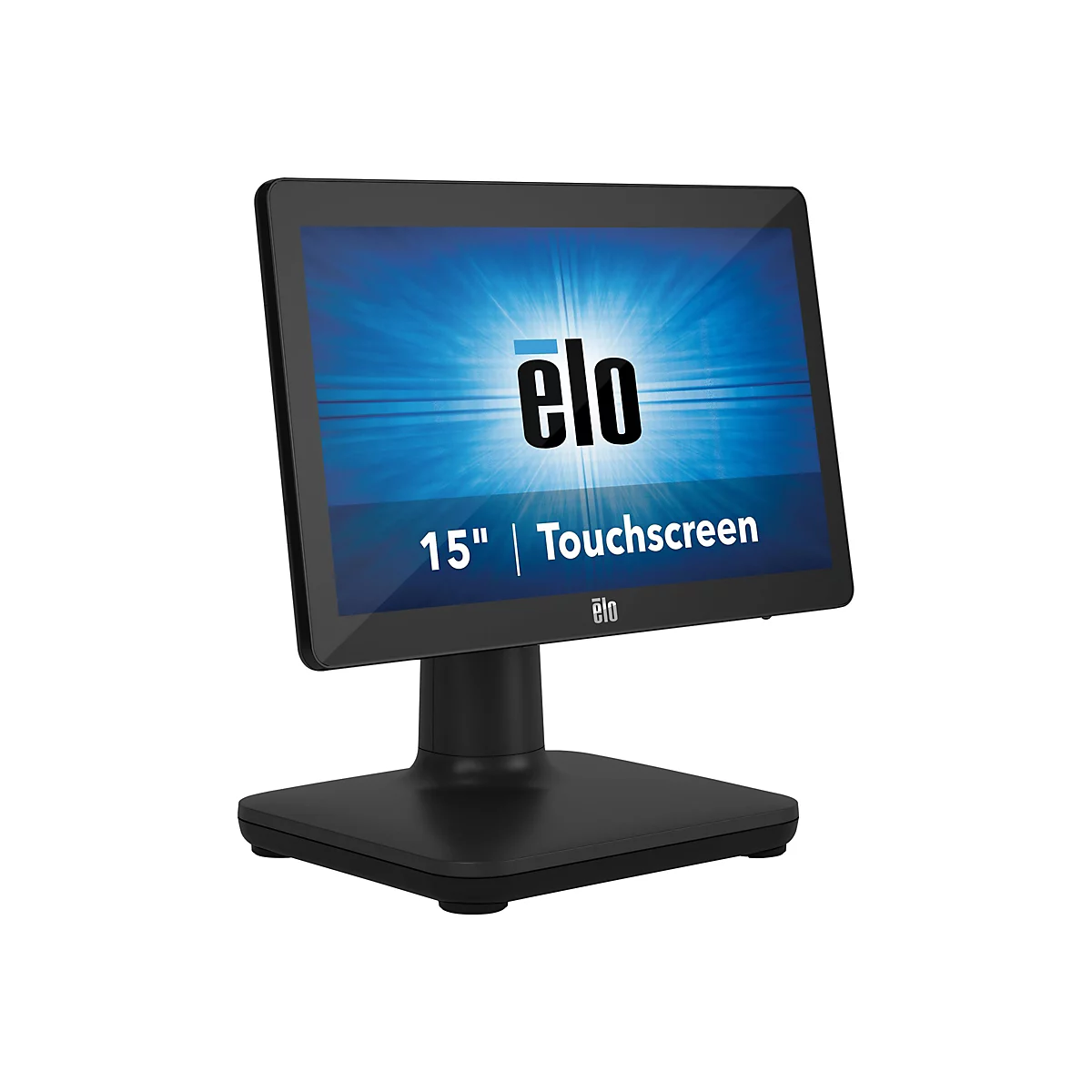 Schwarzer Touchscreen-Monitor mit dem Schriftzug "elo" und dem Hinweis "15" | Touchscreen" auf dem Bildschirm.