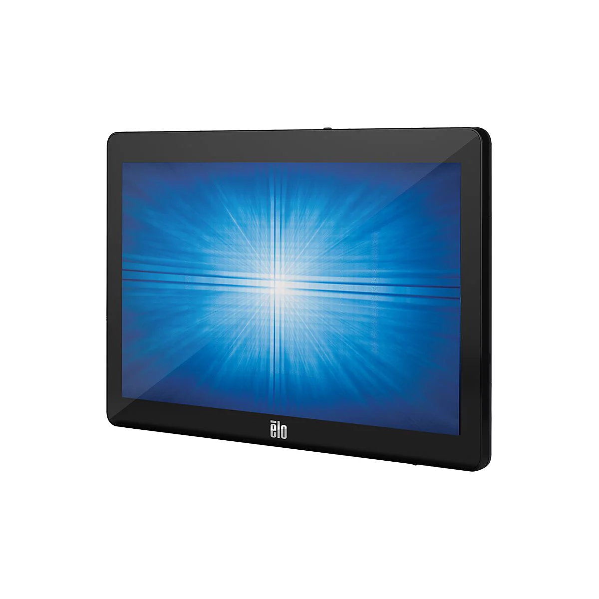 Schwarzer Touchscreen-Monitor mit leuchtendem blauem Hintergrund. Das "Elo"-Logo ist unten rechts zu sehen.