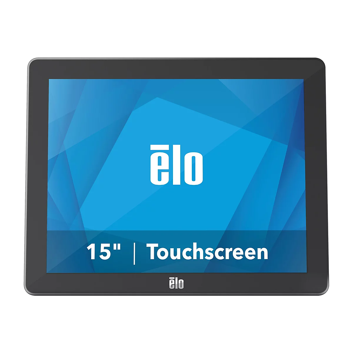 Schwarzer Touchscreen-Monitor mit blauem Hintergrund und weißem "ēlo" Logo. Text: "15" | Touchscreen".