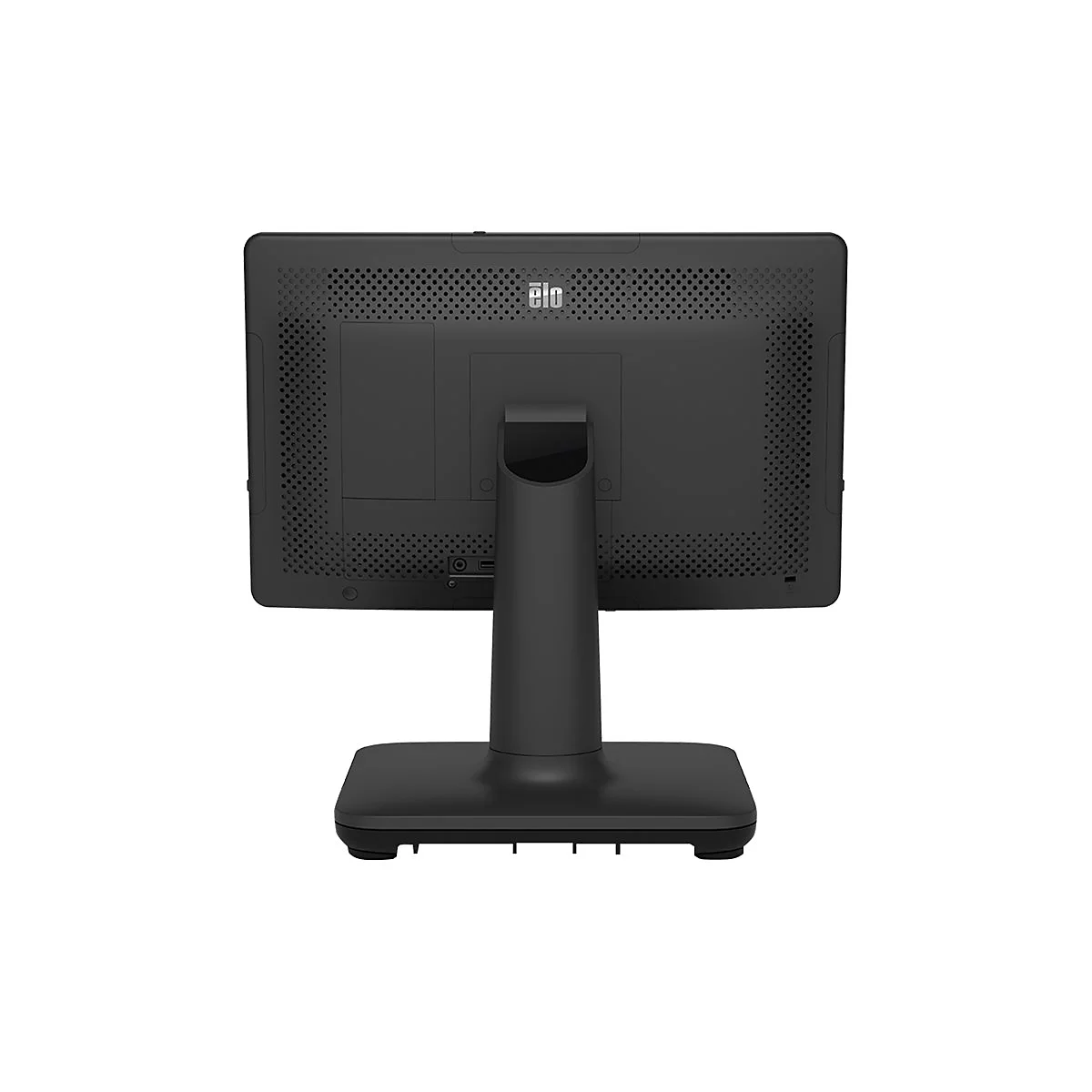 Schwarzer Touchscreen-Monitor von hinten, mit Standfuß. Das Logo 'elo' ist oben mittig zu sehen.