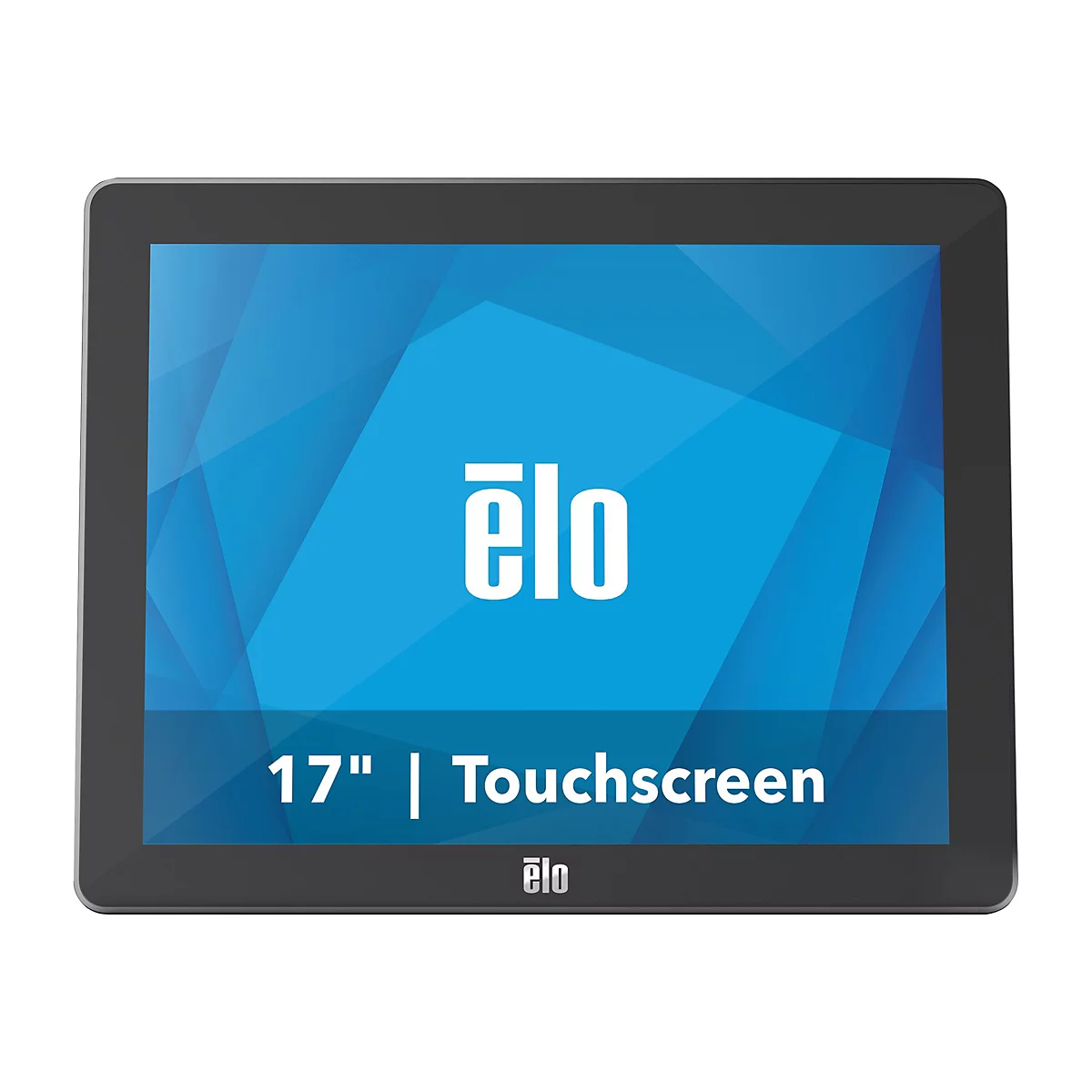 Ein Touchscreen-Monitor mit dem Schriftzug „elo“ und der Aufschrift „17 Zoll“. Der Hintergrund ist blau mit weißen geometrischen Formen.