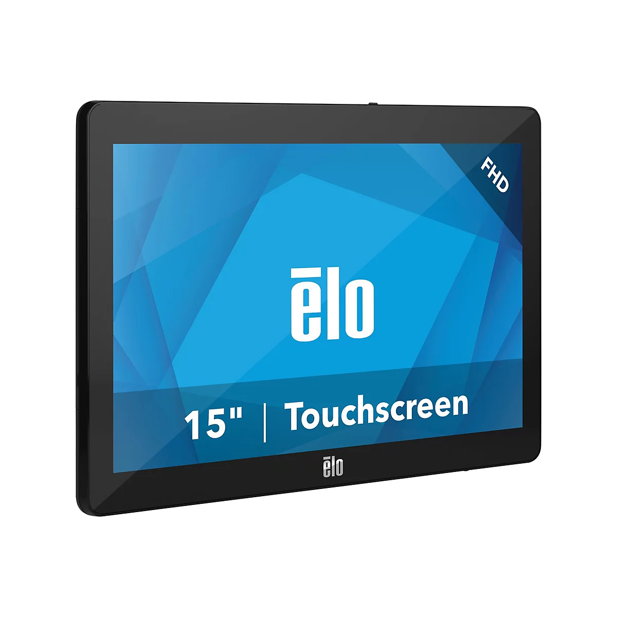 Schwarzes 15-Zoll-Touchscreen-Tablet mit blauem Hintergrund und Elo-Logo.