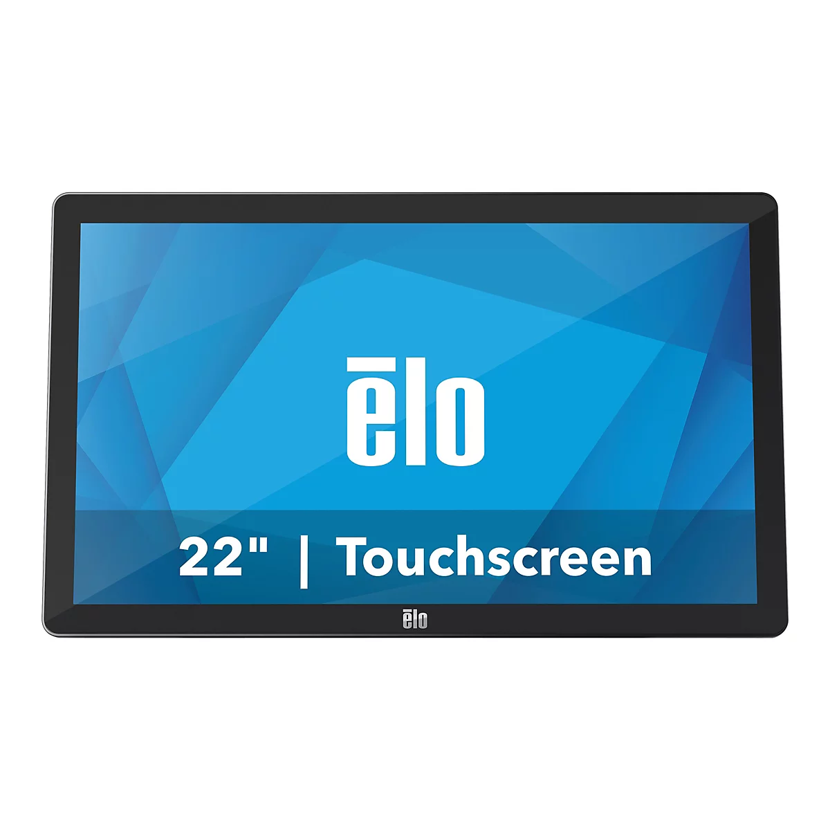 Schwarz gerahmter Touchscreen Monitor mit blauem Hintergrund. Darauf steht "ēlo 22" | Touchscreen".
