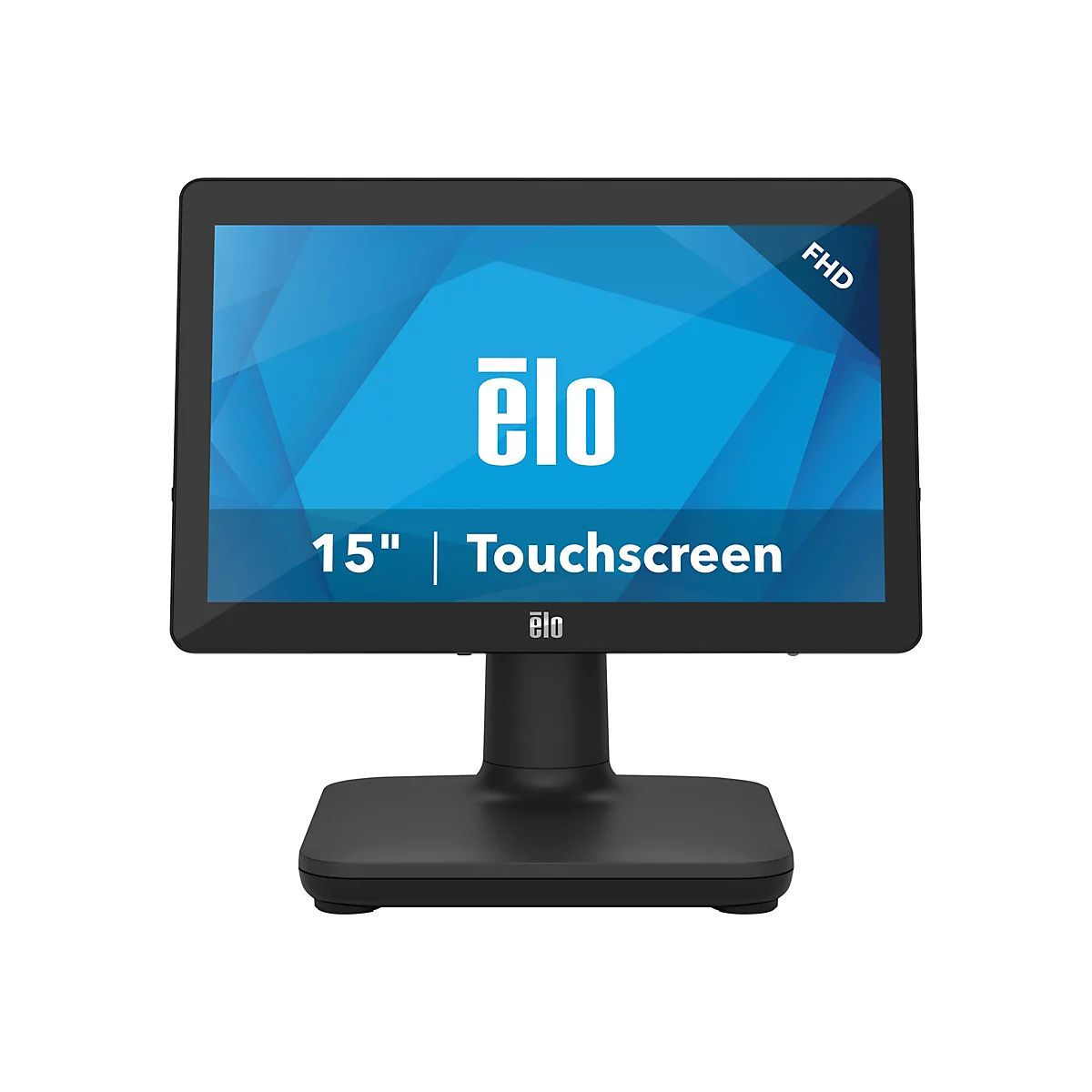 Ein schwarzer Touchscreen-Monitor mit der Aufschrift "ëlo" und "15" Touchscreen" auf blauem Hintergrund. Der Monitor steht auf einem schwarzen Sockel.