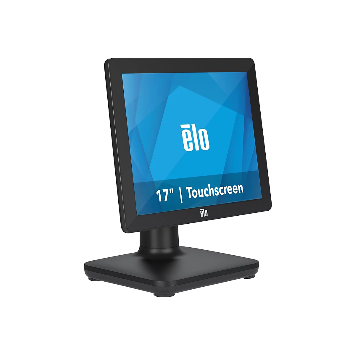 Ein schwarzer Elo-Touchscreen-Monitor mit 17-Zoll-Display und Touchscreen-Funktion, auf einem schwarzen Standfuß, vor weißem Hintergrund.