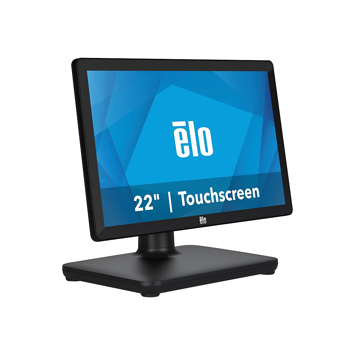 Ein schwarzer Touchscreen-Monitor mit dem Elo-Logo auf blauem Hintergrund. Darunter steht "22" | Touchscreen".