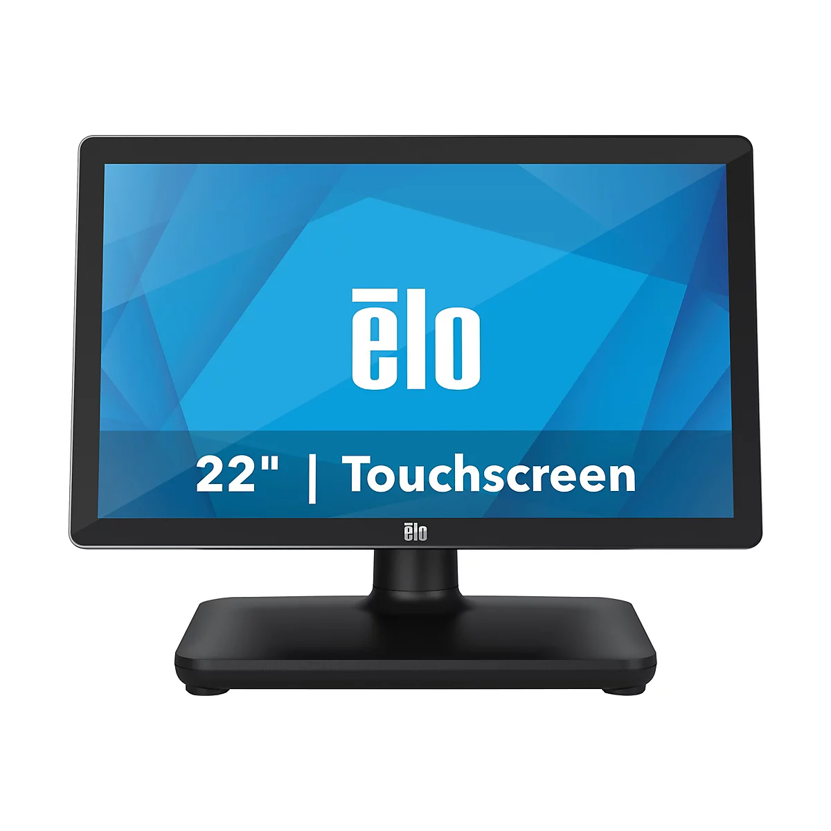 Elo Touchscreen-Monitor, schwarz. Bildschirm mit blauem Hintergrund und Logo. Aufschrift: 22'' | Touchscreen.