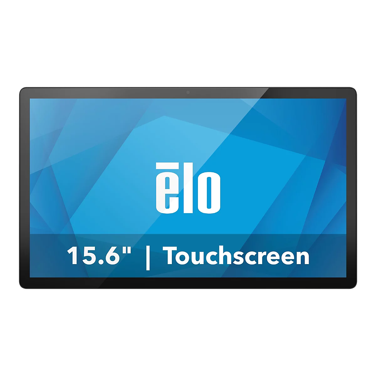 Schwarzer 15,6-Zoll Elo Touchscreen Monitor vor blauem Hintergrund mit Logo.
