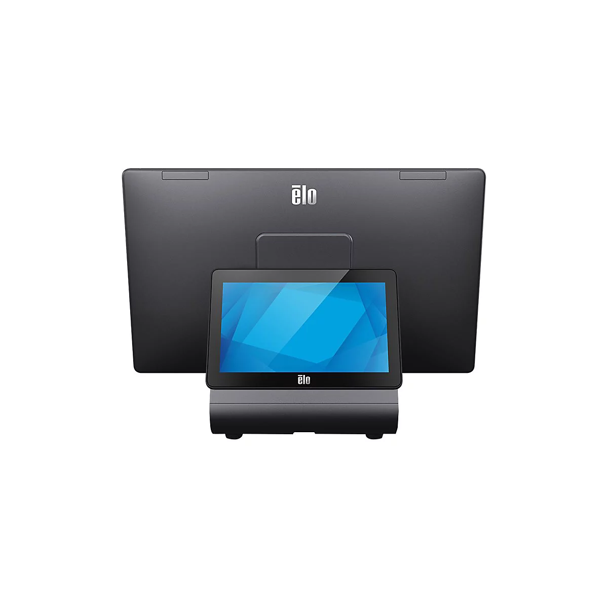 Elo Kassensystem mit Touchscreen und Kundendisplay vor neutralem Hintergrund.