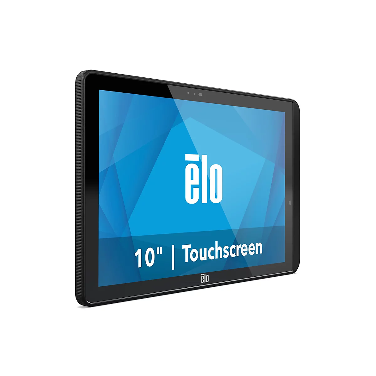 Une tablette Elo noire avec un écran bleu affichant le logo Elo et les mots 10" Touchscreen.
