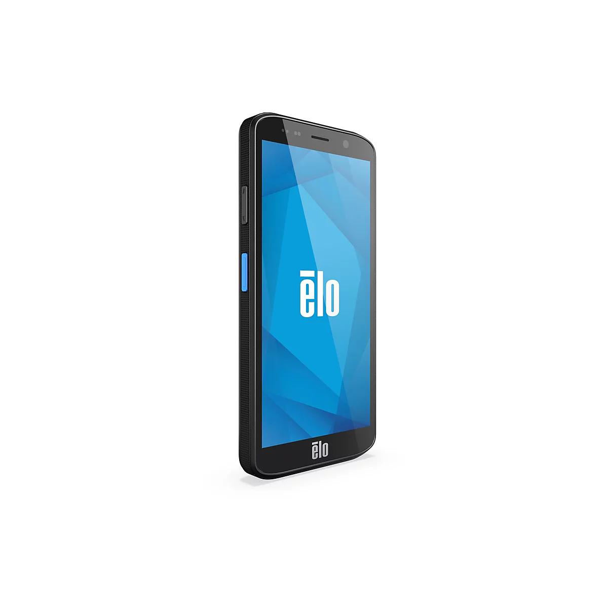 Un smartphone noir de profil, avec un écran bleu affichant le logo Elo.