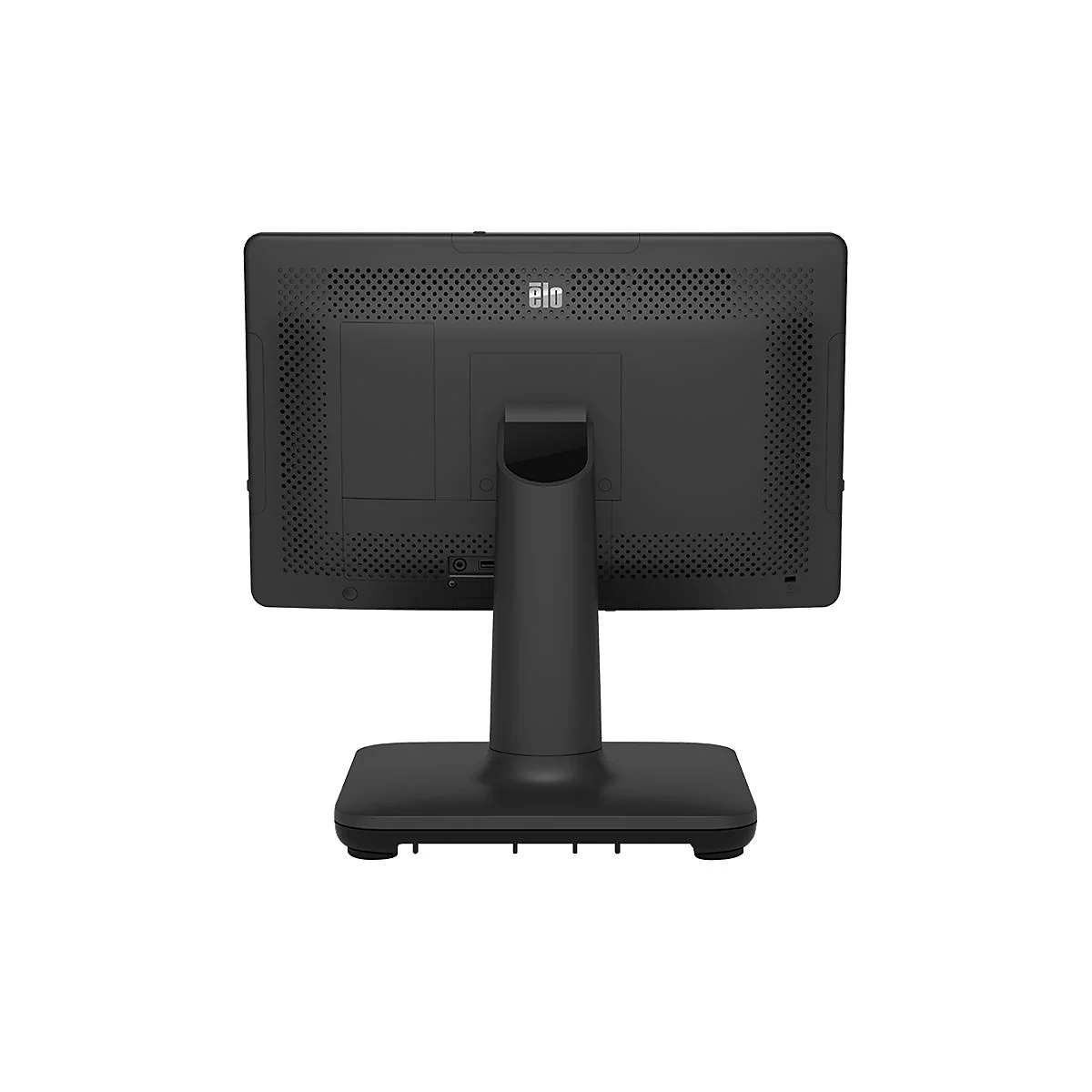 Moniteur tactile noir de dos, avec socle, logo "elo".