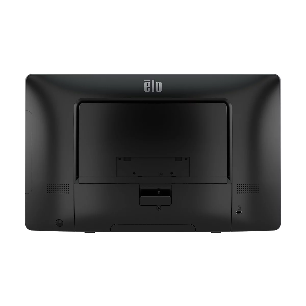 Arrière d'un écran tactile Elo noir avec logo. Connexions en bas, mécanisme de pliage au milieu.