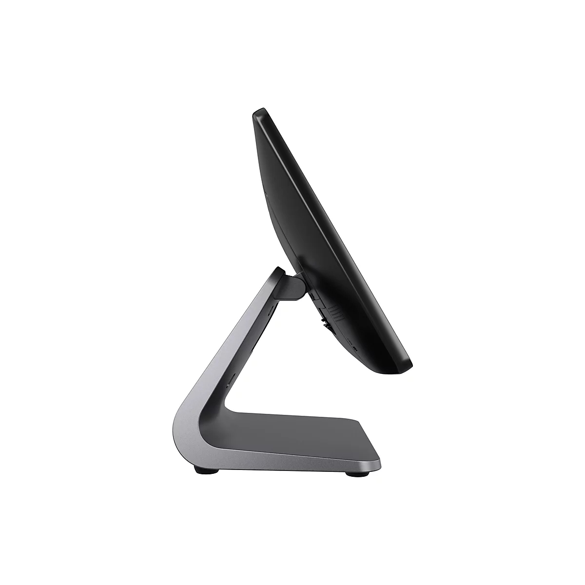 Un écran tactile noir, vue latérale, sur un socle gris argent.