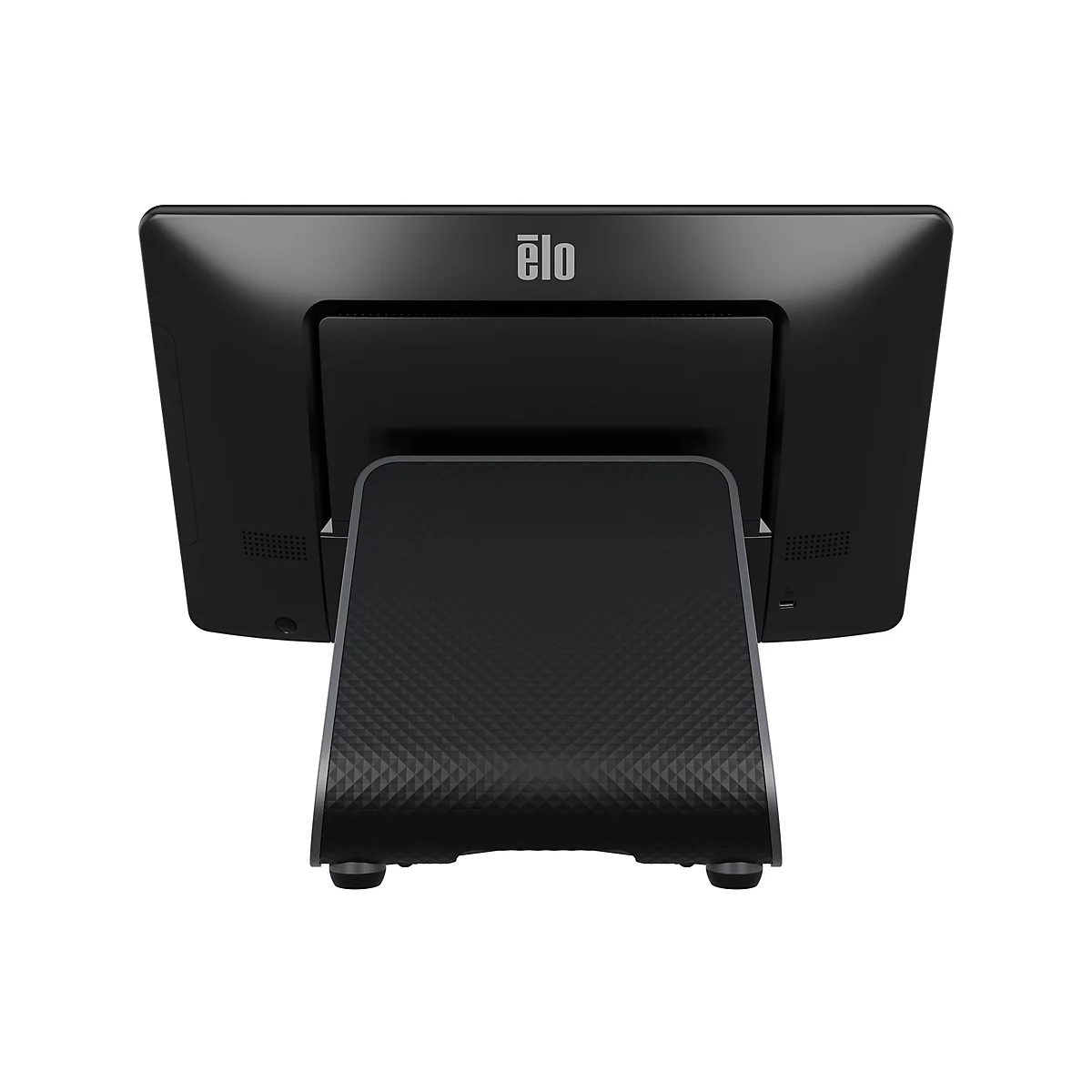 Moniteur tactile Elo noir vu de dos, sur un support, logo en haut.