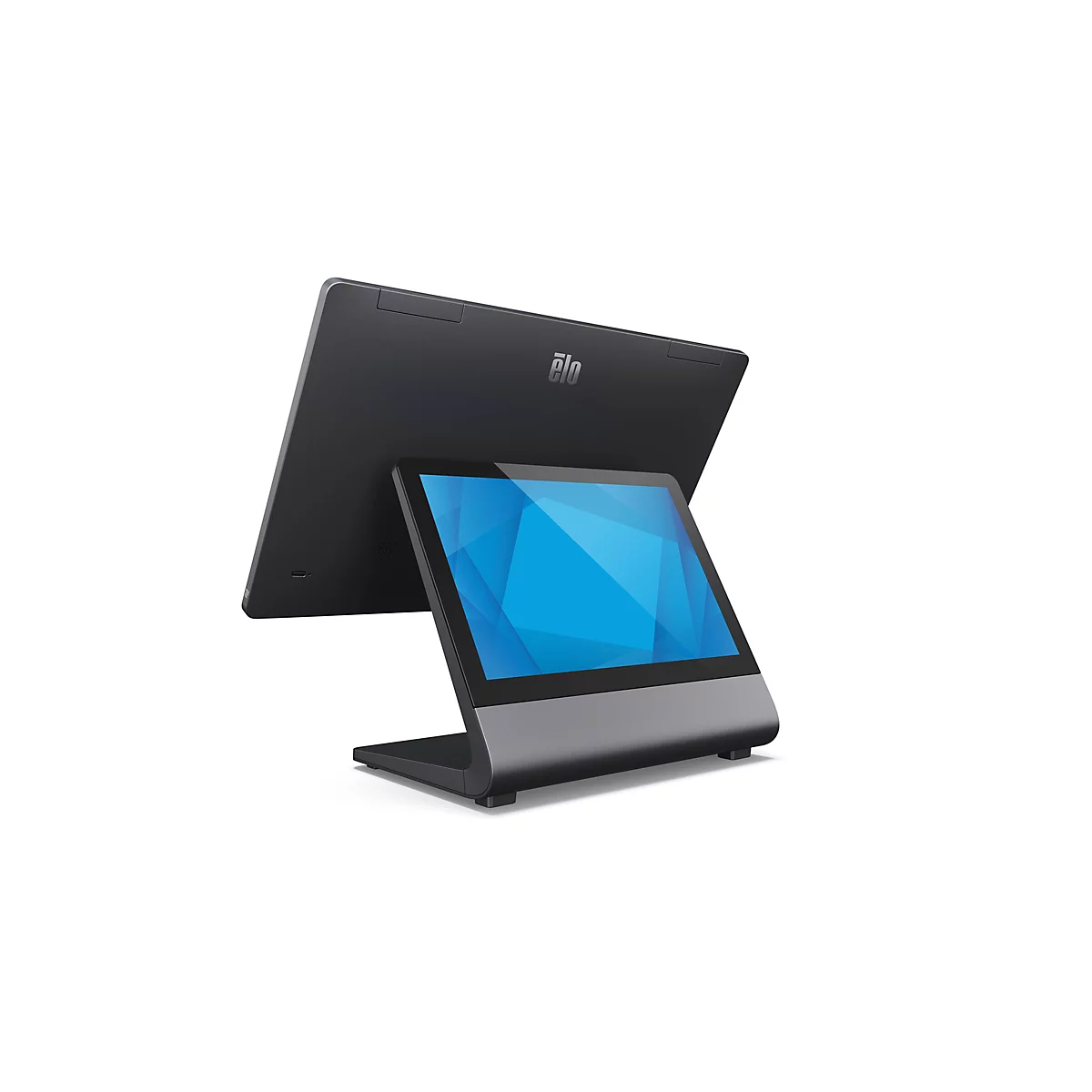 Un terminal à écran tactile noir avec un écran bleu et un fond blanc. Logo Elo au dos.