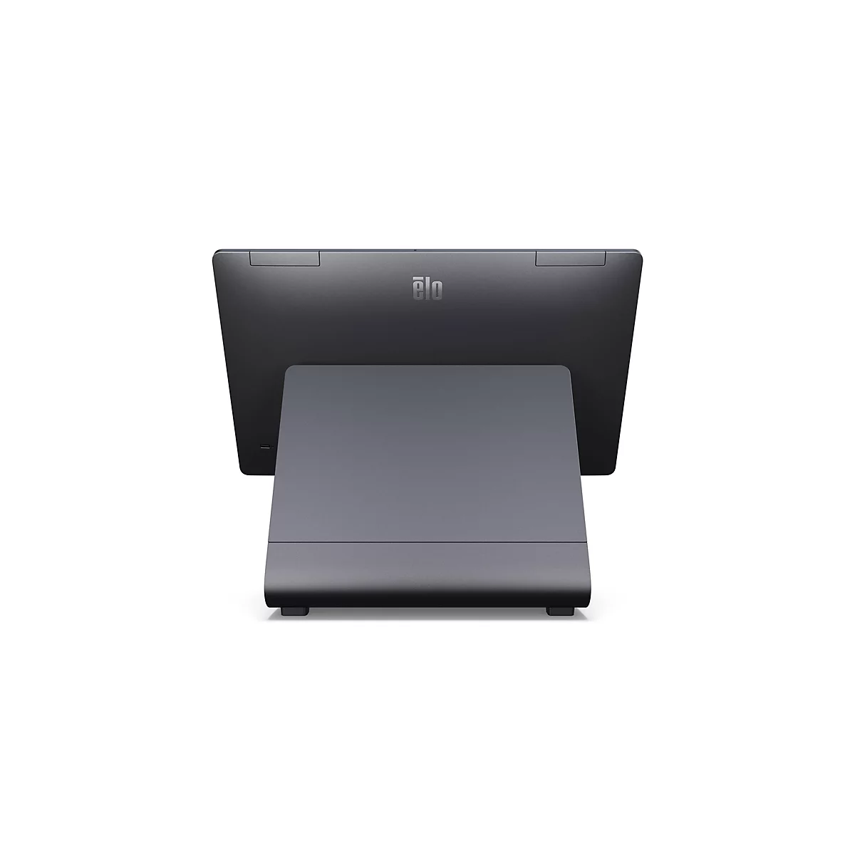 Vue arrière d'un écran tactile gris avec support. Le logo 'elo' est visible en haut au centre.