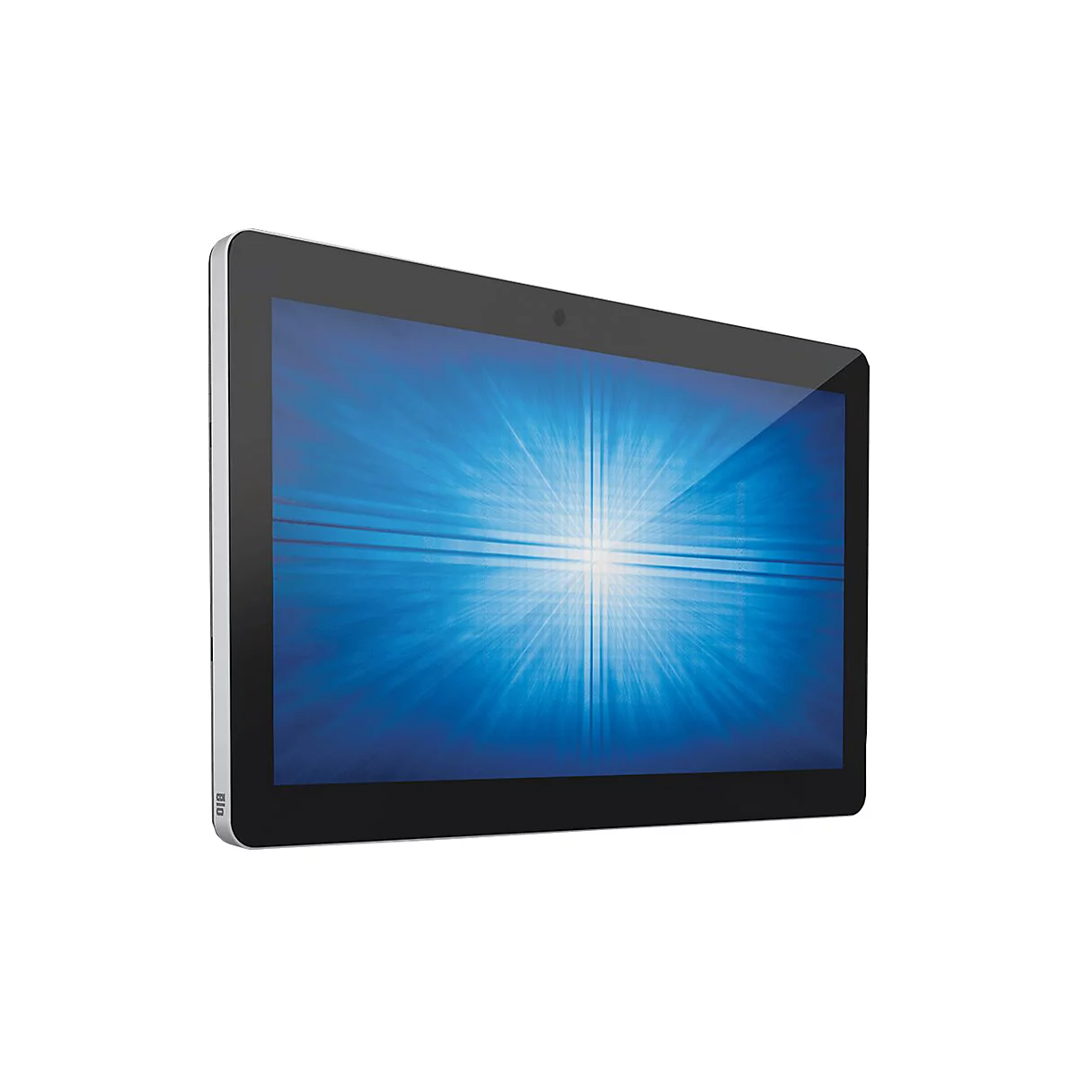 Une tablette PC, l'écran affichant un fond bleu avec des effets de lumière. La tablette est présentée légèrement en diagonale, avec un cadre noir et des côtés argentés.