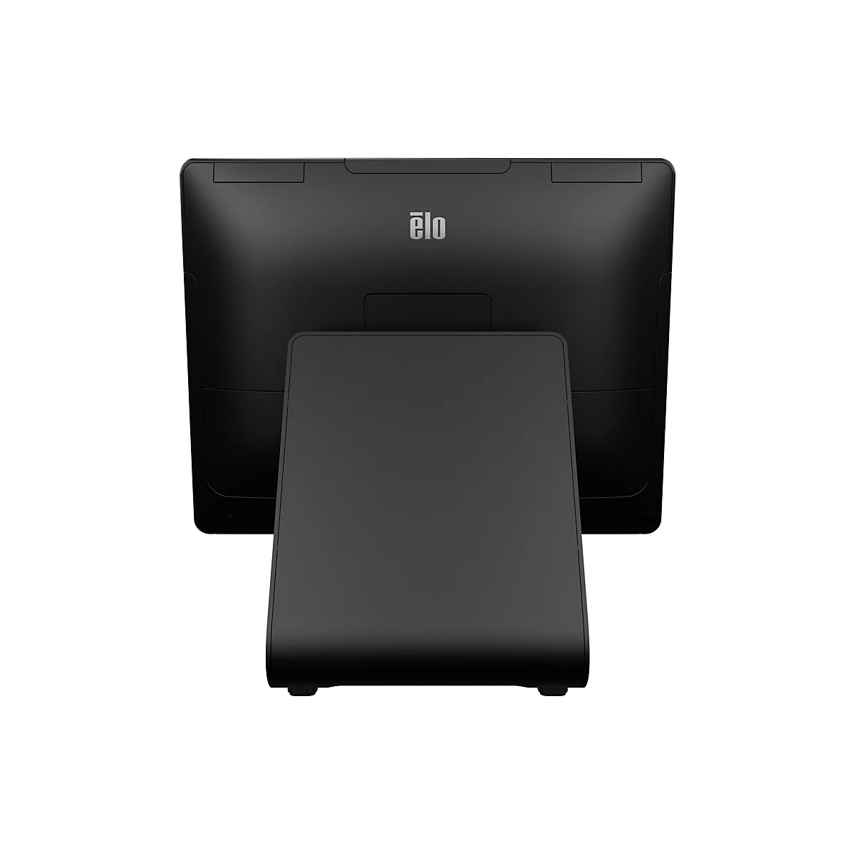 Un écran tactile Elo noir vu de dos, sur un support, sur fond blanc. Logo Elo au milieu.