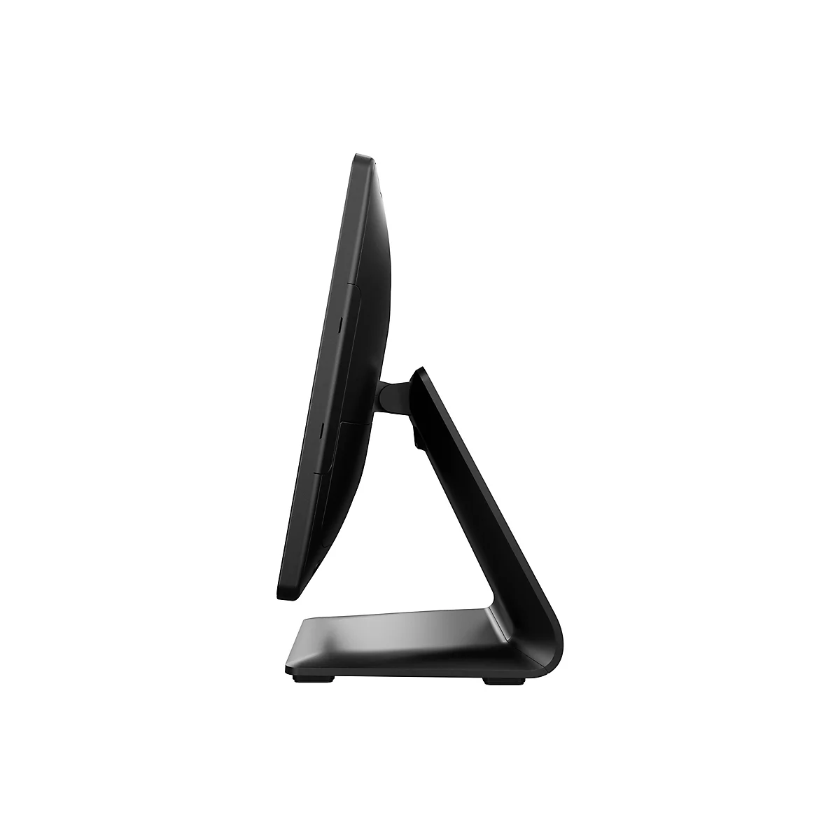 Moniteur noir de profil sur fond blanc. L'écran est légèrement incliné. Le design est minimaliste.