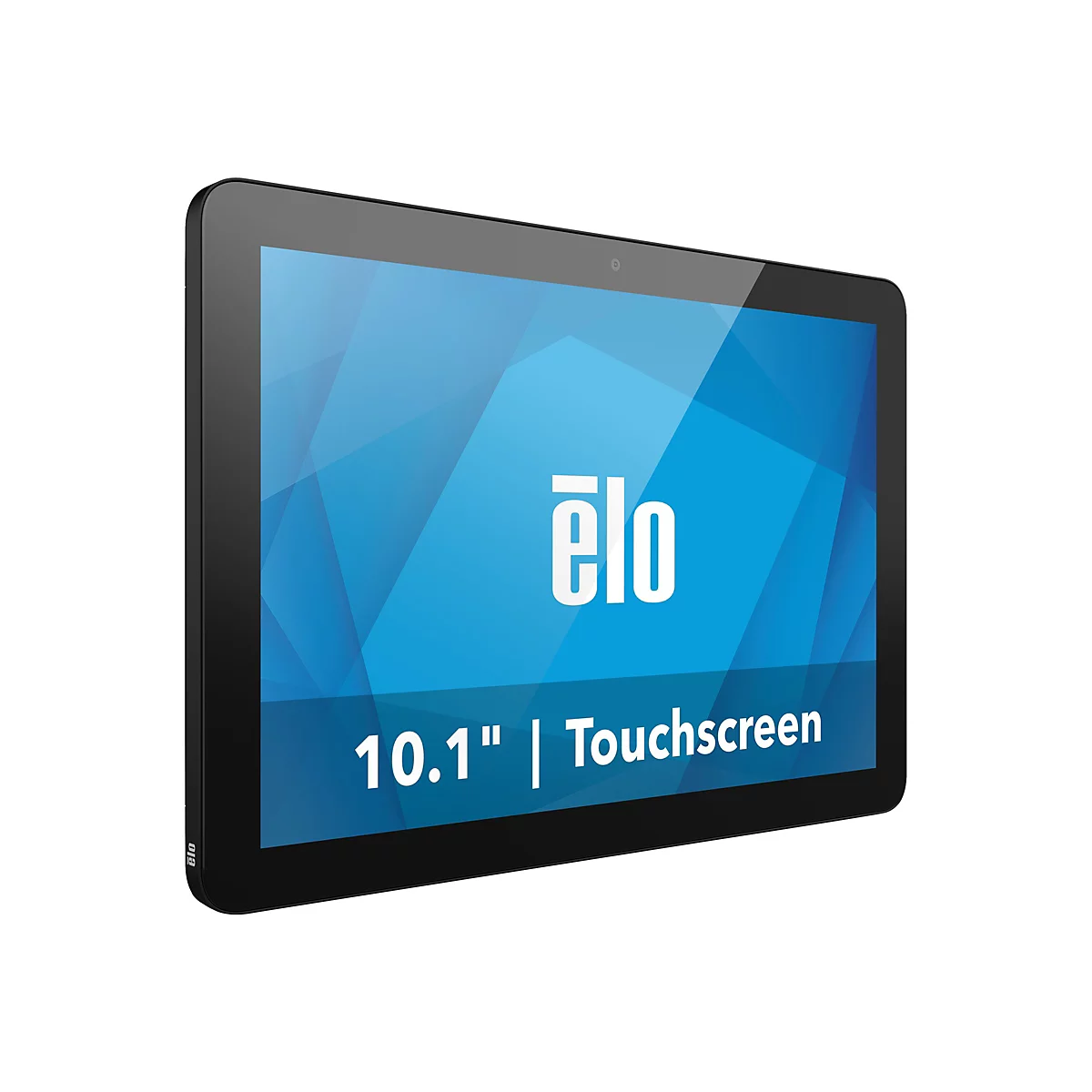 Une tablette à écran tactile noire, l'écran affichant le logo "elo" et le texte "10,1 pouces | Écran tactile" en blanc.