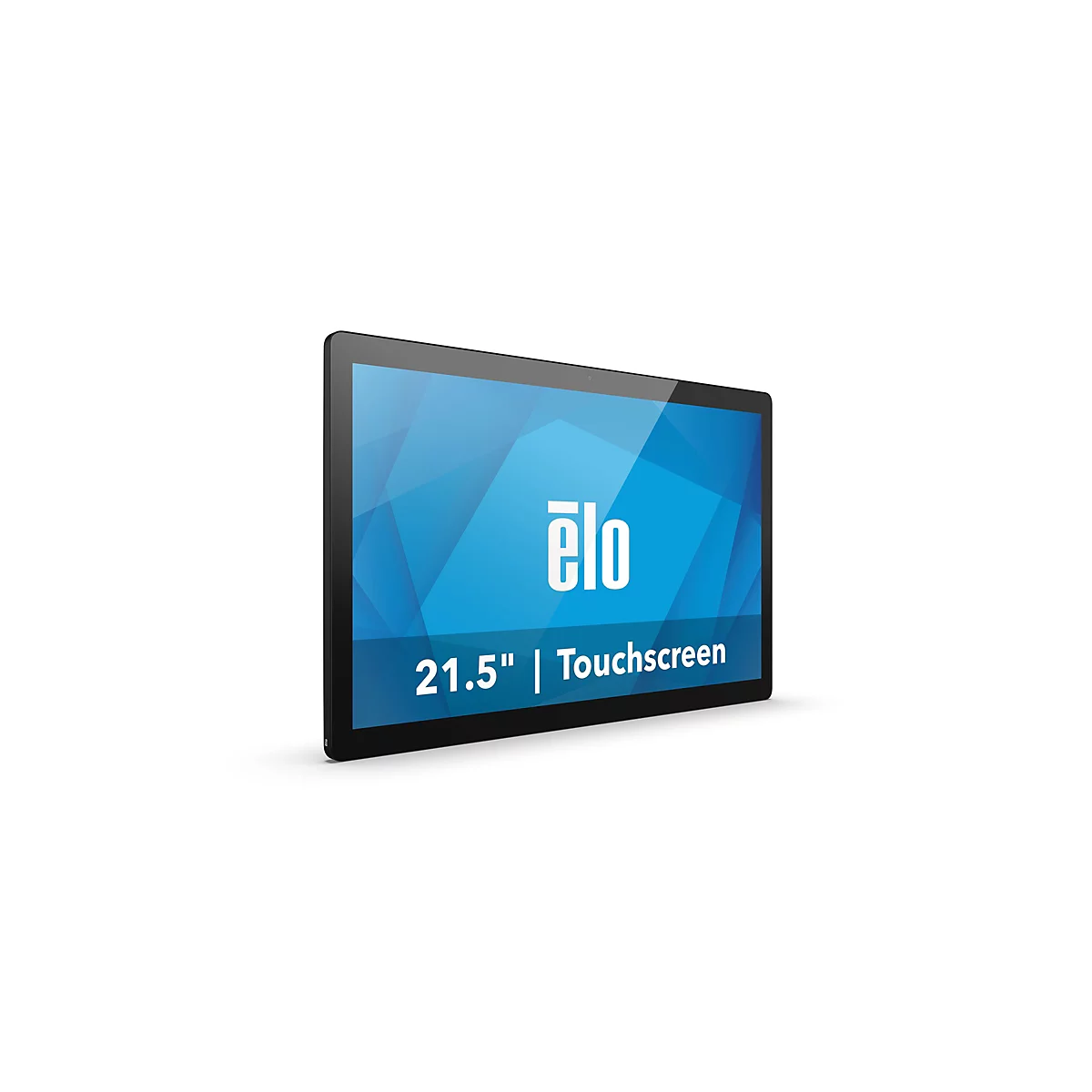Un écran tactile avec un cadre noir, un fond bleu et du texte blanc. Il affiche le logo 'Elo' et se lit '21.5" | Écran tactile'.