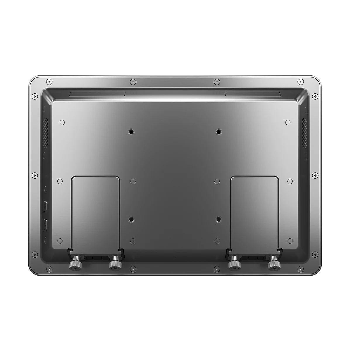 Arrière d'un moniteur argenté, avec un cadre rectangulaire et des vis. Deux zones métalliques pour les connexions.