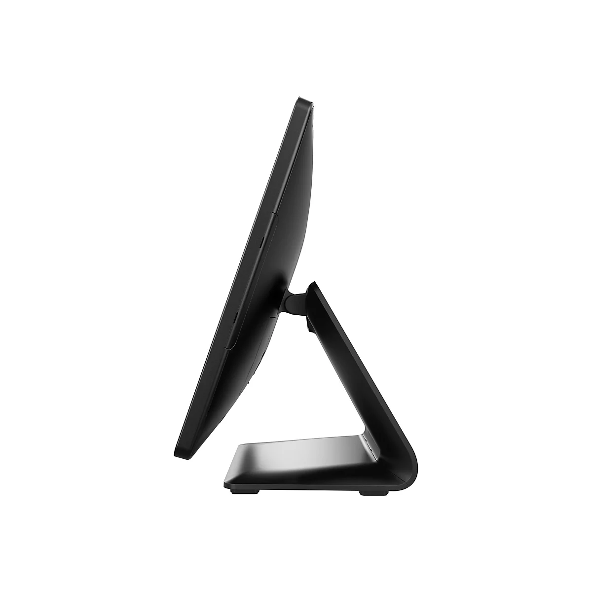 Un moniteur noir de profil sur fond blanc. L'écran est légèrement incliné et est soutenu par un support incliné.