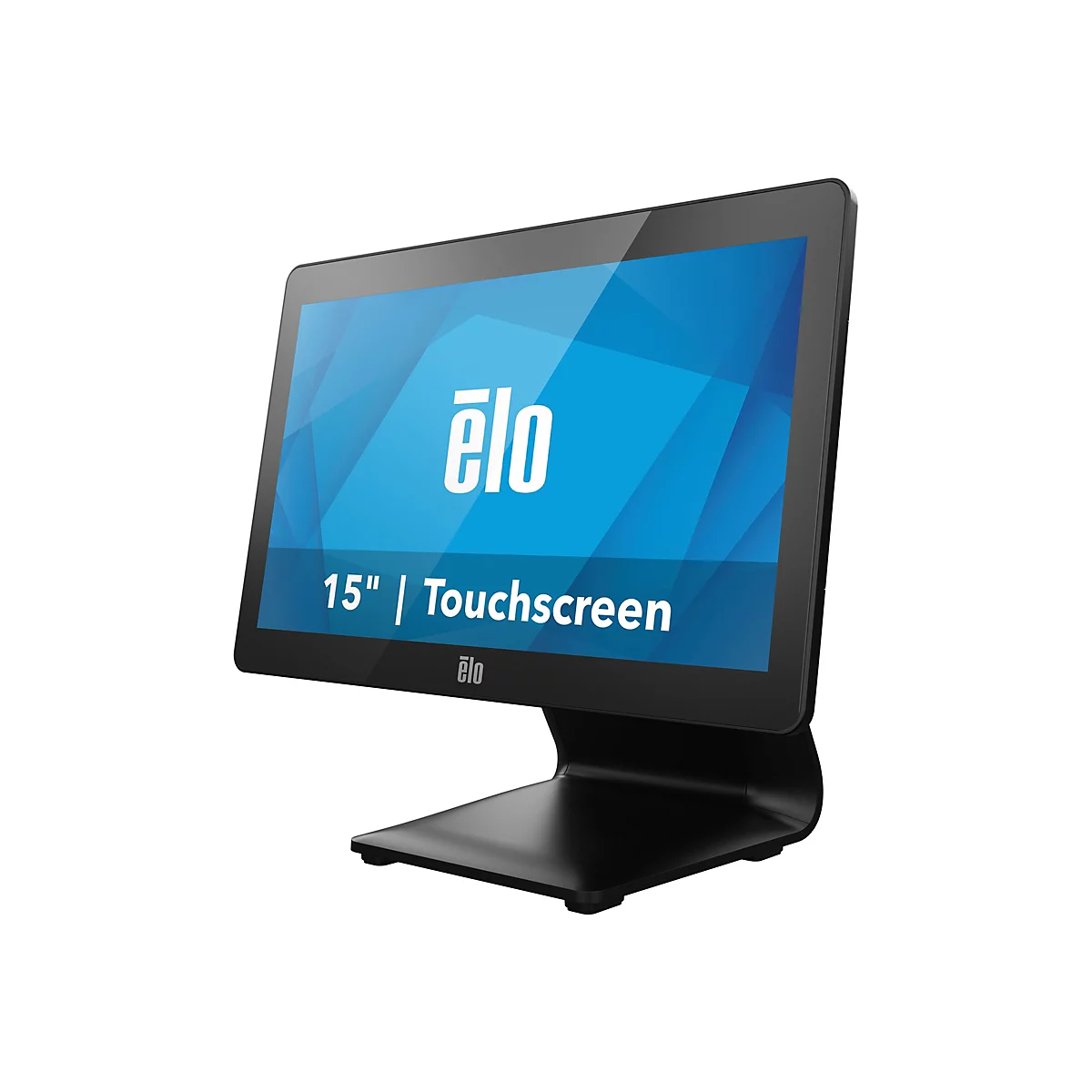 Un appareil à écran tactile noir avec un écran bleu. L'écran affiche le logo "elo" et le texte "15" | Touchscreen".