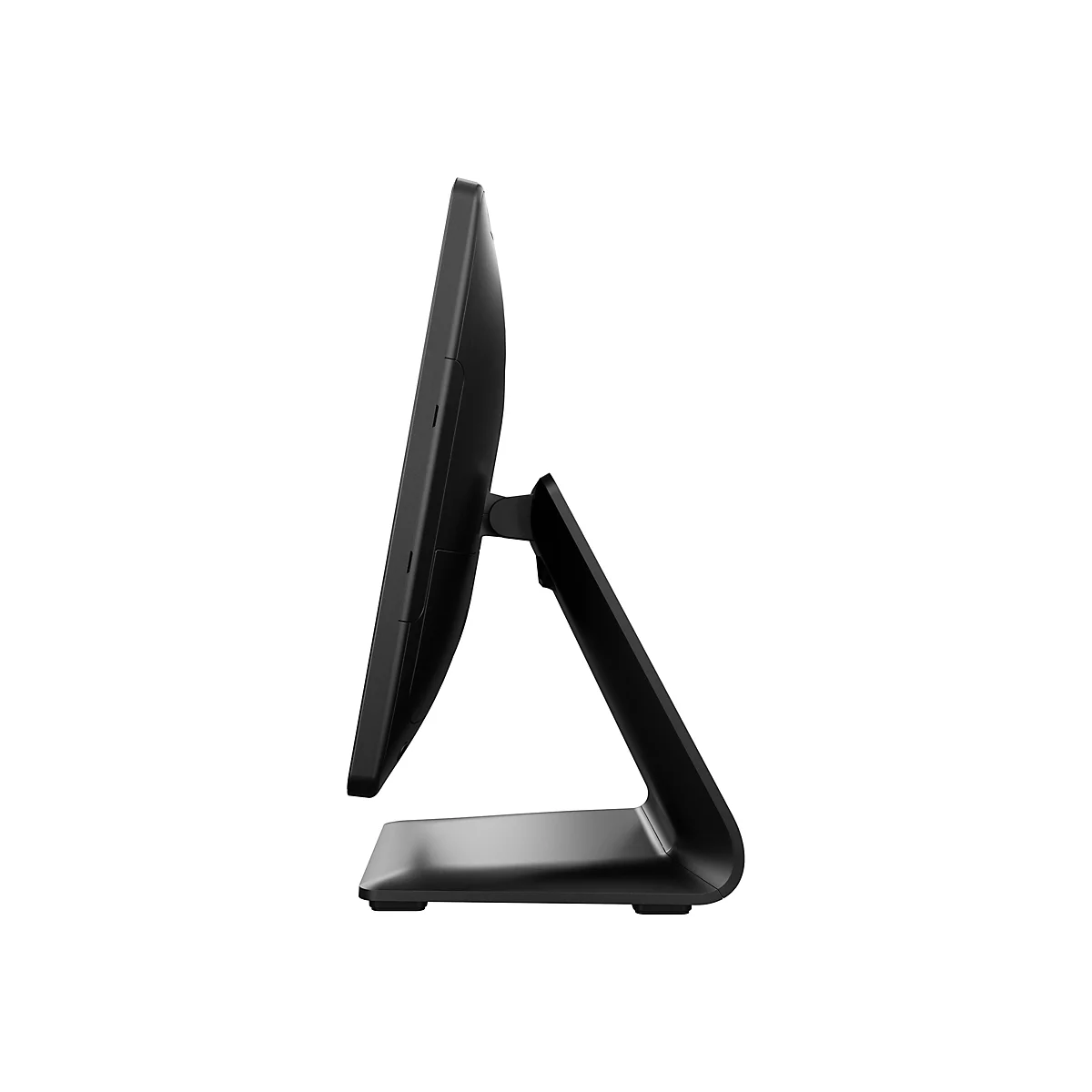 Un moniteur noir de profil sur fond blanc. Le moniteur est fixé sur un socle noir.