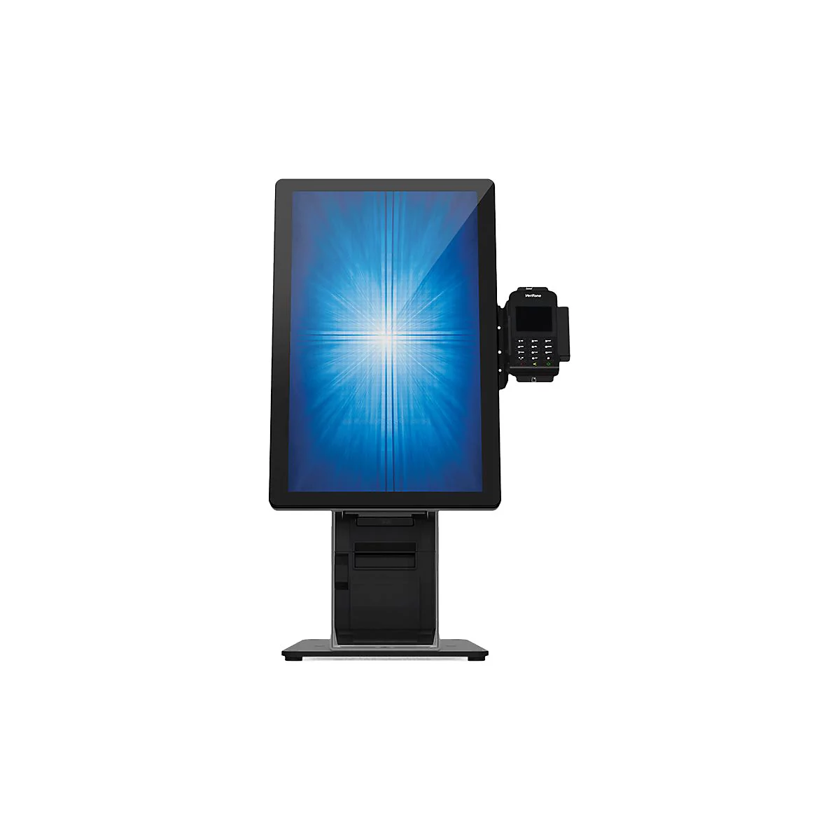 Un kiosque à écran tactile noir avec un fond bleu et un lecteur de cartes intégré. Des faisceaux lumineux sont visibles sur l'écran.