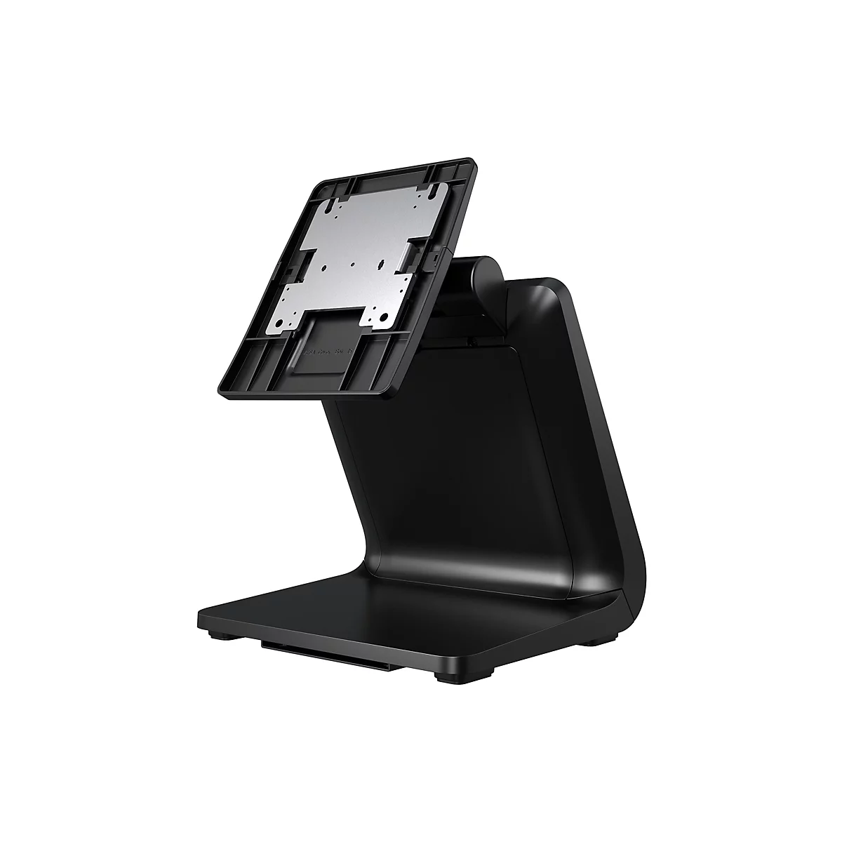 Support de tablette noir, présenté de biais depuis l'avant. Le support est composé d'une base, d'un support incurvé et d'un support supérieur avec une plaque de montage argentée.