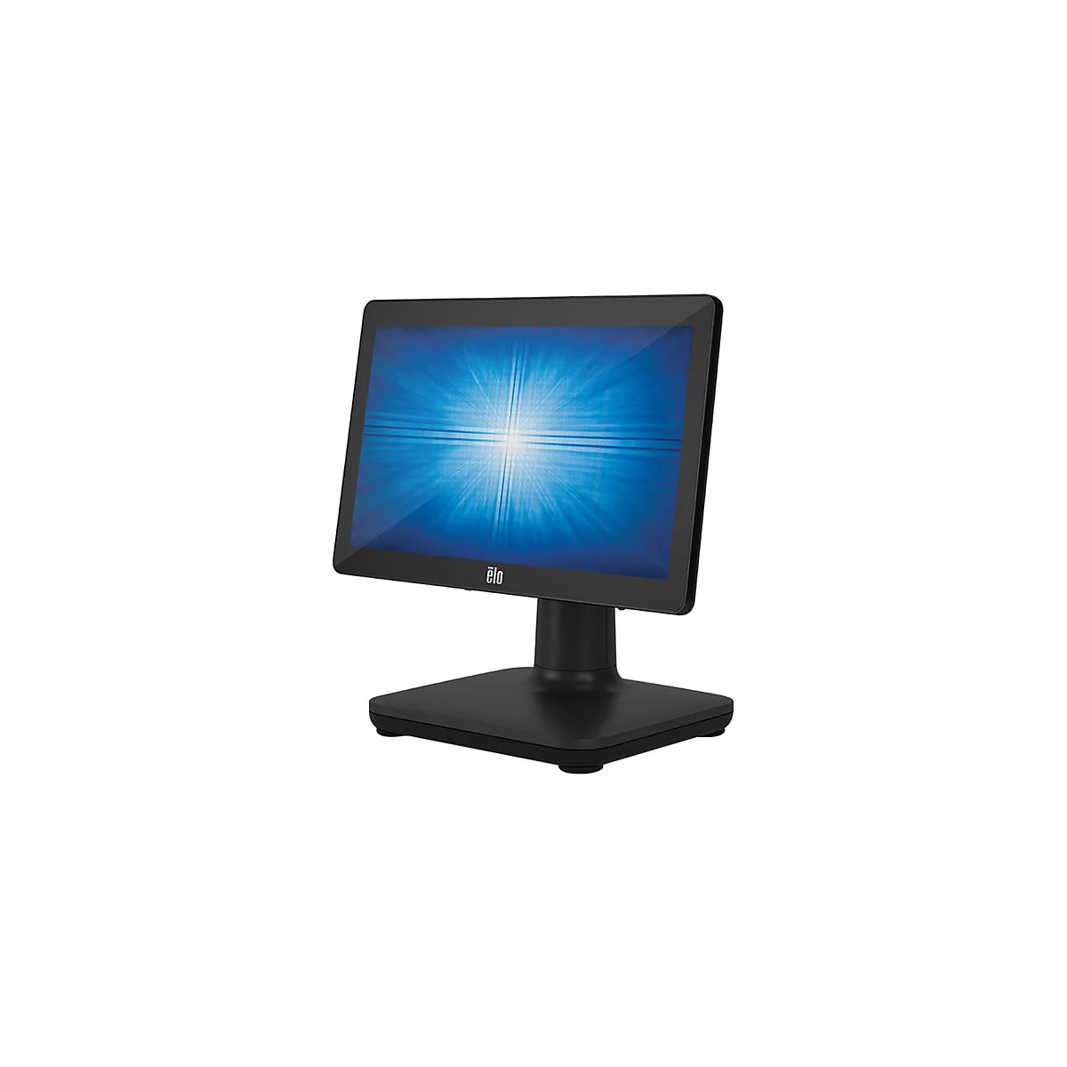 Schwarzer Touchscreen-Monitor. Der Bildschirm zeigt ein blaues Muster. Der Monitor steht auf einem schwarzen Sockel.