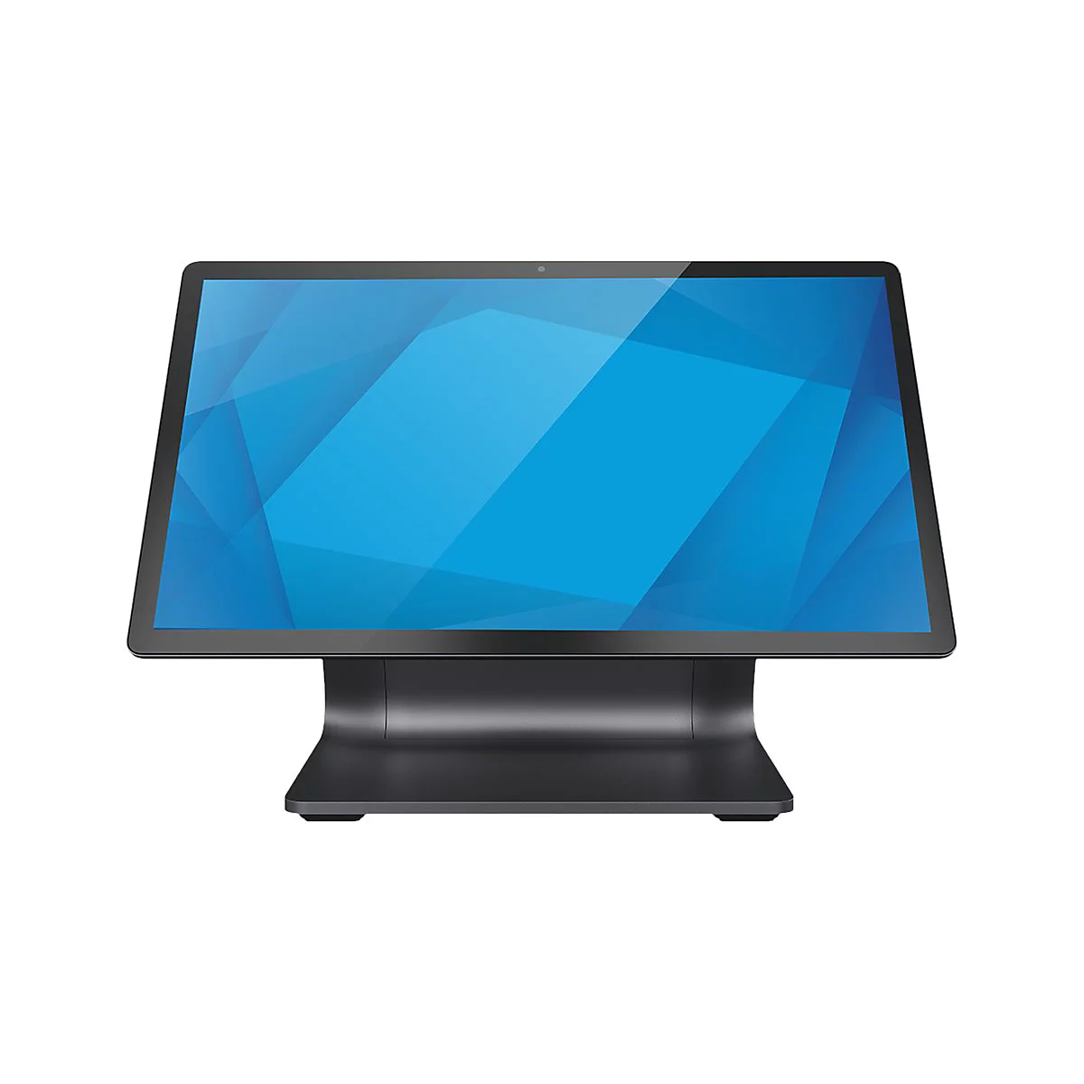 Schwarzer Touchscreen-Monitor mit blauem Muster auf dem Bildschirm und schwarzem Sockel. Die Form ist rechteckig.