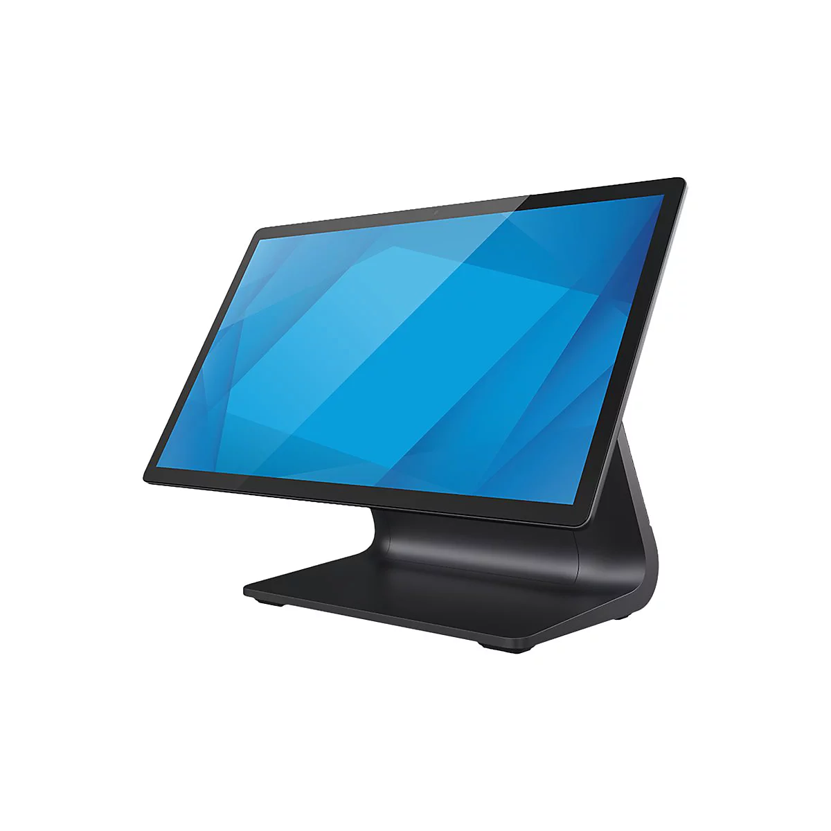 Schwarzer Touchscreen-Monitor, blaue Anzeige, geneigt. Auf hellem Hintergrund. 