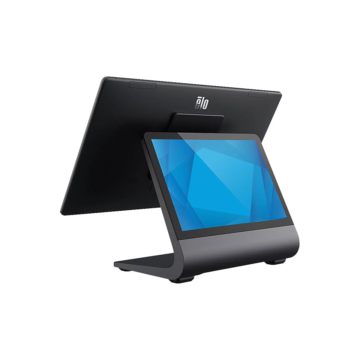 Ein Point-of-Sale-Terminal der Marke Elo. Das Gerät hat einen schwarzen Bildschirm mit blauem Hintergrund, der auf einem silbernen Sockel steht.