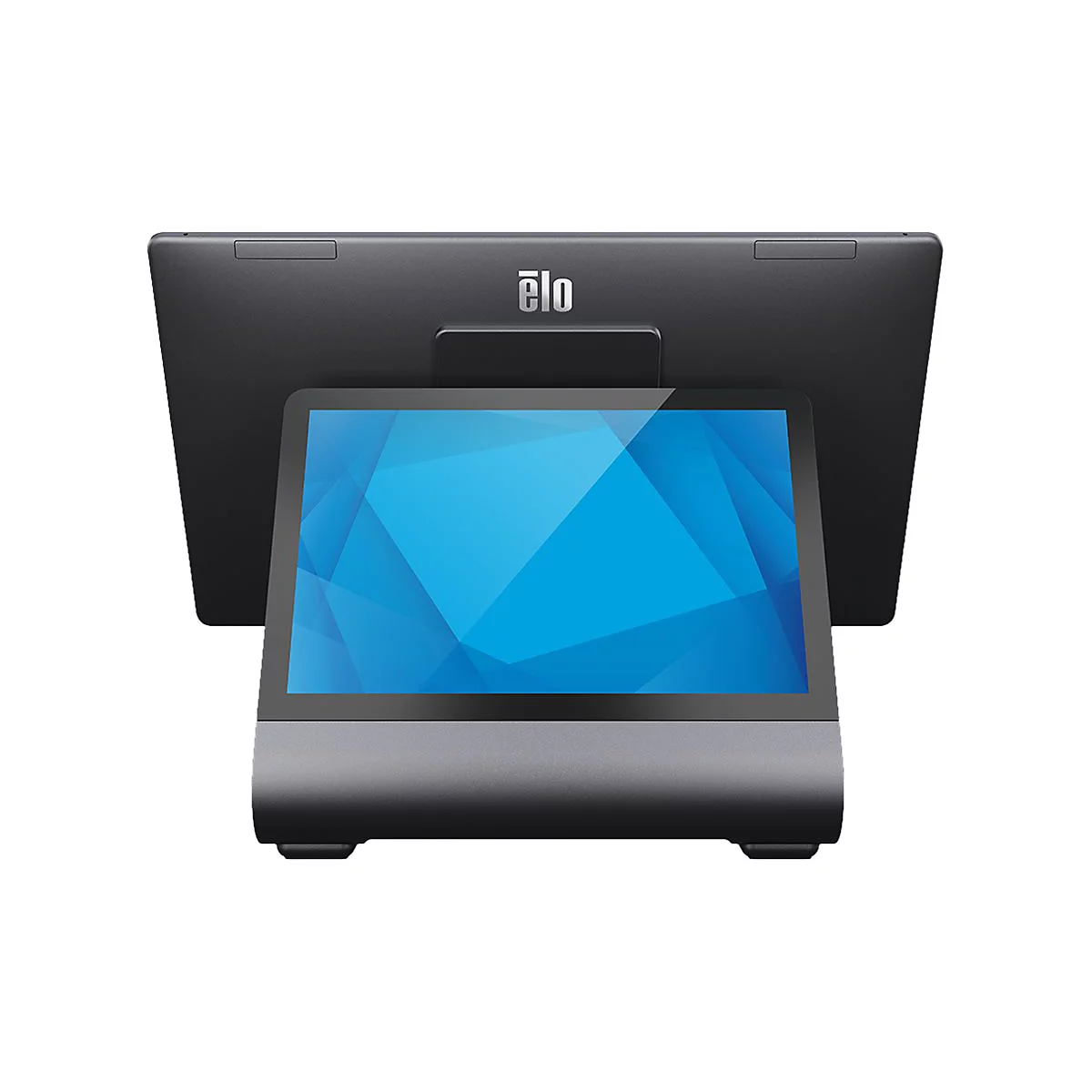 Ein schwarzer Touchscreen-Monitor von Elo vor weißem Hintergrund. Bildschirm mit blauem geometrischen Muster. Aufschrift „elo“.