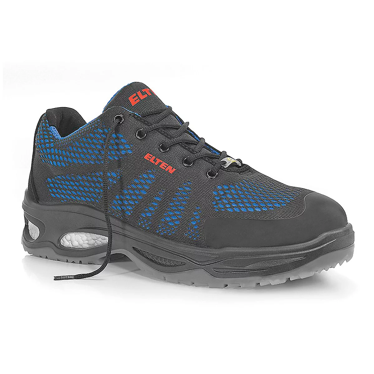 Black safety shoe with blue mesh details. Red lettering "ELTEN". Laces, gray sole.