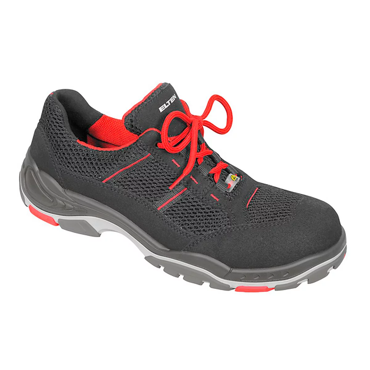 Black safety shoe with red laces and accents. Breathable mesh fabric, grey-red sole. ELTEN lettering.