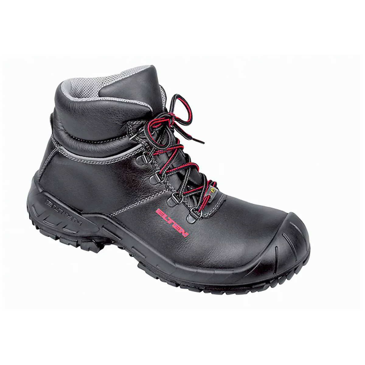Black safety boot with red laces. Printed "ELTEN" lettering.