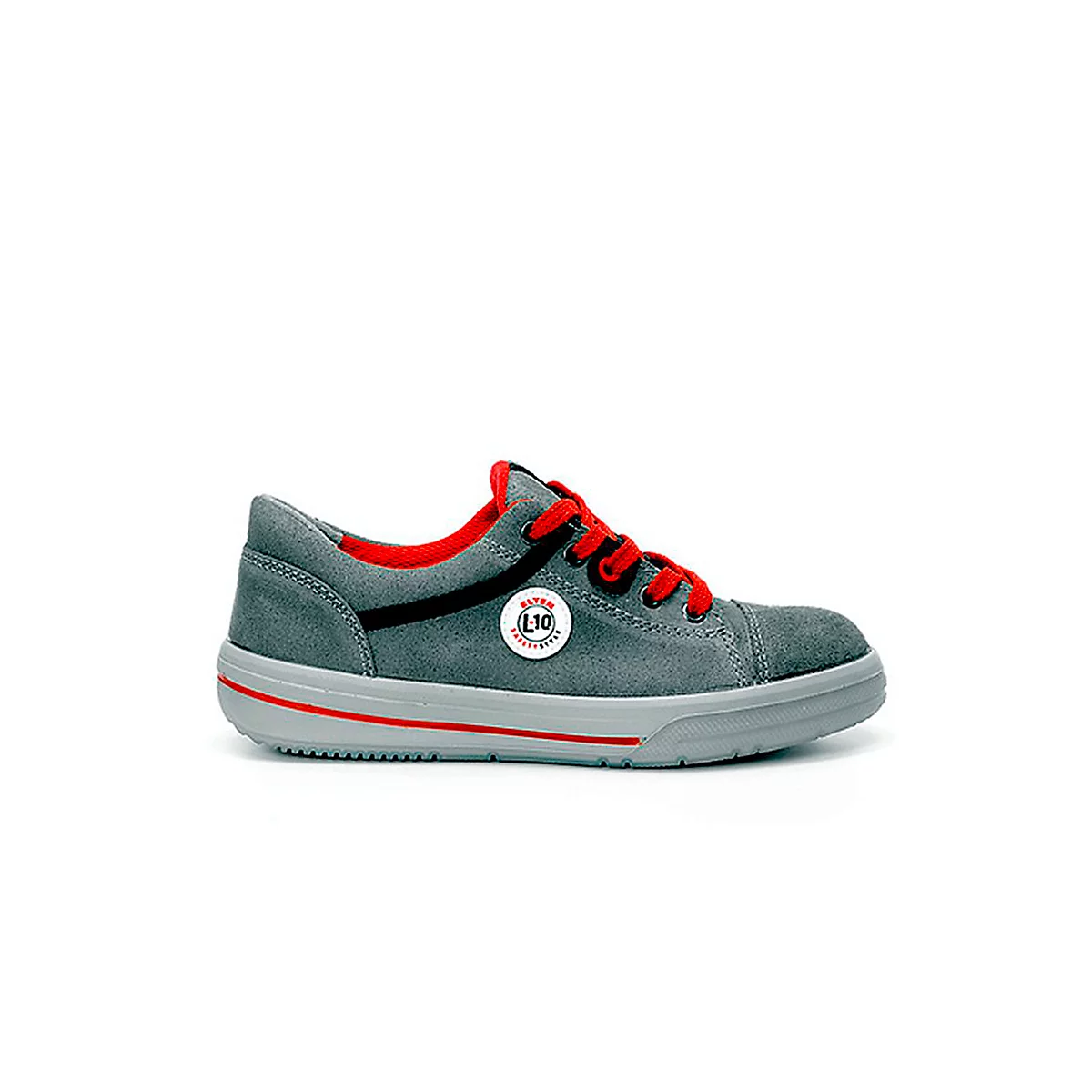 Grey safety shoe with red laces and red inside. There is a label on the shoe that says "L30".