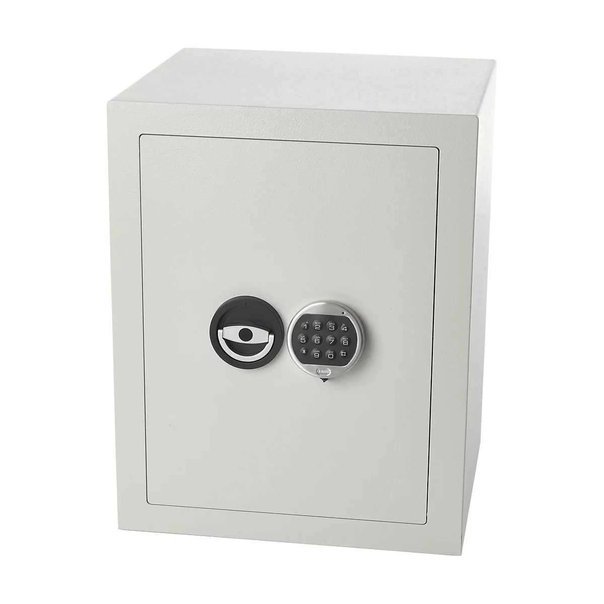 Grey safe with knobs and number keys.
