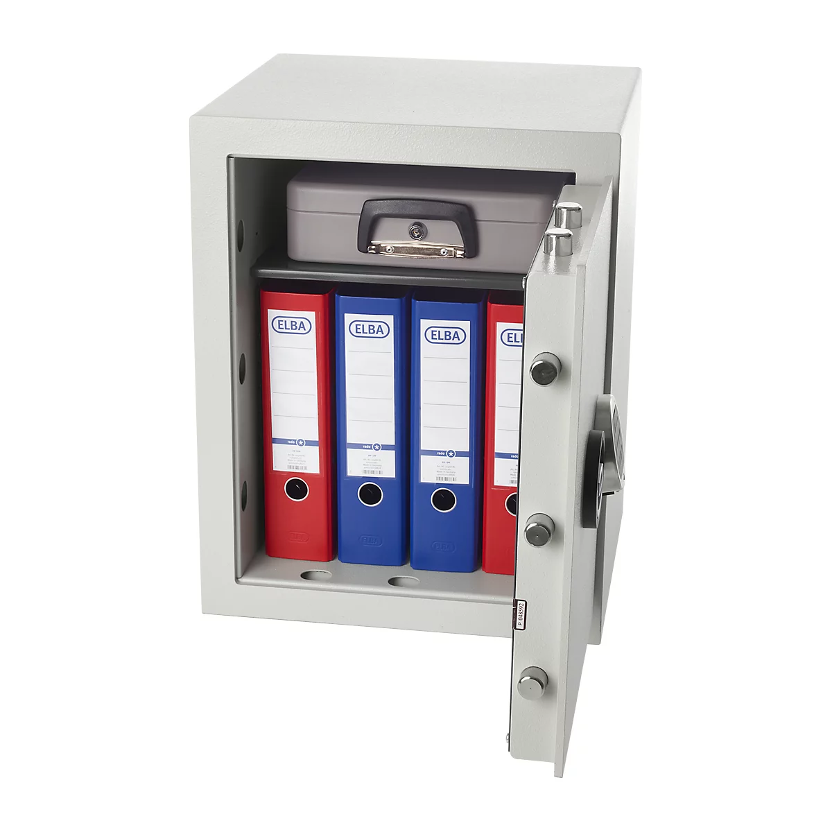 Open safe with file folders and a gray box.