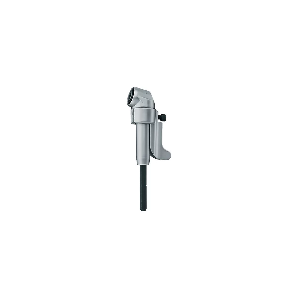 Adaptateur d'angle pour perceuses, métallique. En haut, une tête d'angle avec porte-outil, en bas, un mandrin de perçage. Vis noire pour la fixation.