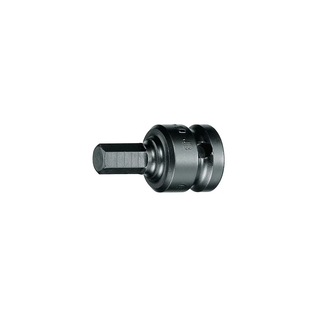 Adaptateur de clé à six pans noir. L'embout a une forme hexagonale qui s'adapte à un motif de vis.