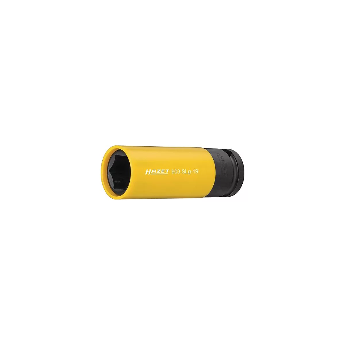 Douille HAZET jaune avec raccord hexagonal noir. Inscription : HAZET 903 SLg-19.
