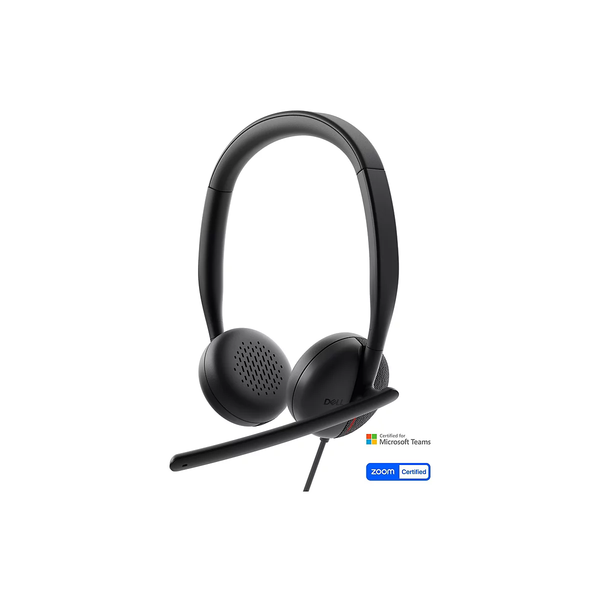 Ein schwarzes Headset mit Mikrofon und Logos von Dell, Microsoft Teams und Zoom auf weißem Hintergrund.