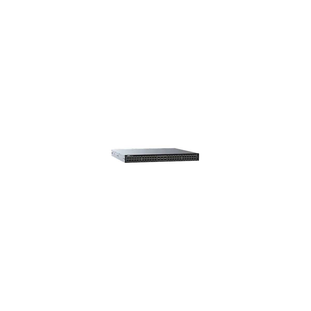 Schwarzer Dell Netzwerk-Switch in 19-Zoll-Gehäuse vor weißem Hintergrund.