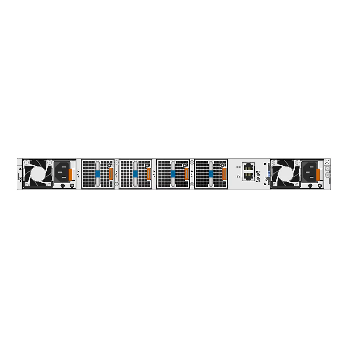 Rückseite eines Netzwerk-Switches mit Stromanschlüssen, Lüftern und einem Ethernet-Port vor weißem Hintergrund.