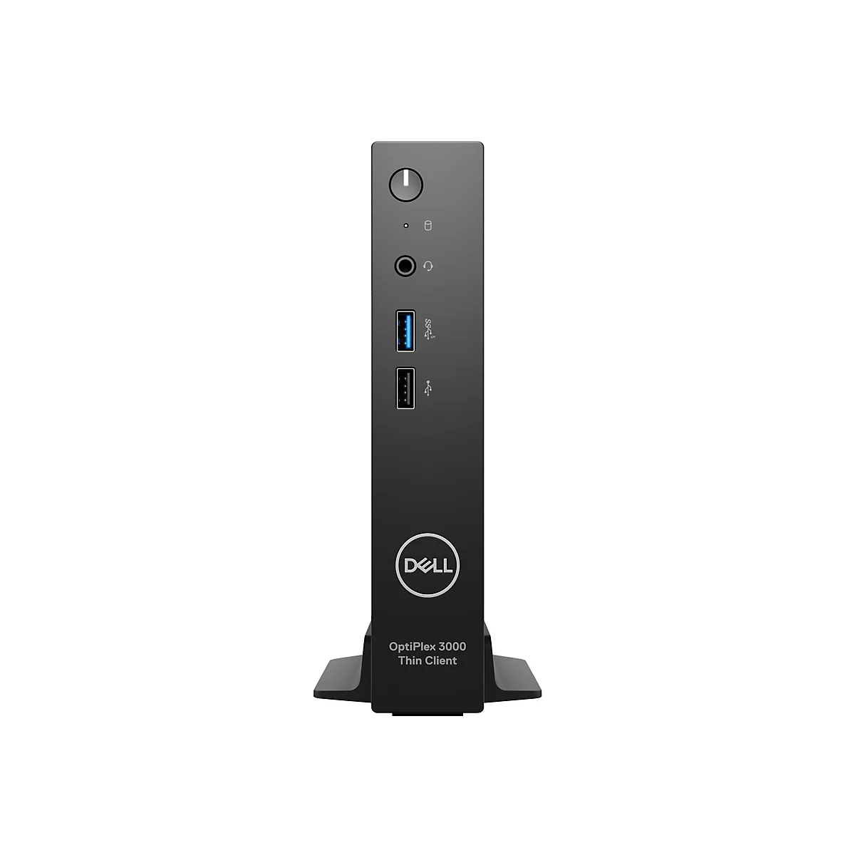 Ein schwarzer Dell OptiPlex 3000 Thin Client Computer aufrecht vor weißem Hintergrund. Oberhalb: Power-Taste, USB-Anschlüsse und Audio-Anschlüsse. Unten Dell-Logo.